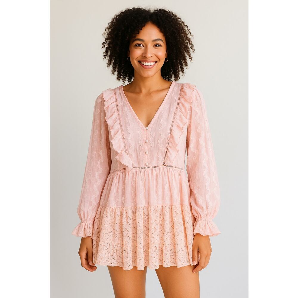 POL Boho Lace Ruffle Tunic Top Pink Long Sleeve V-Neck Feminine Flowy Medium